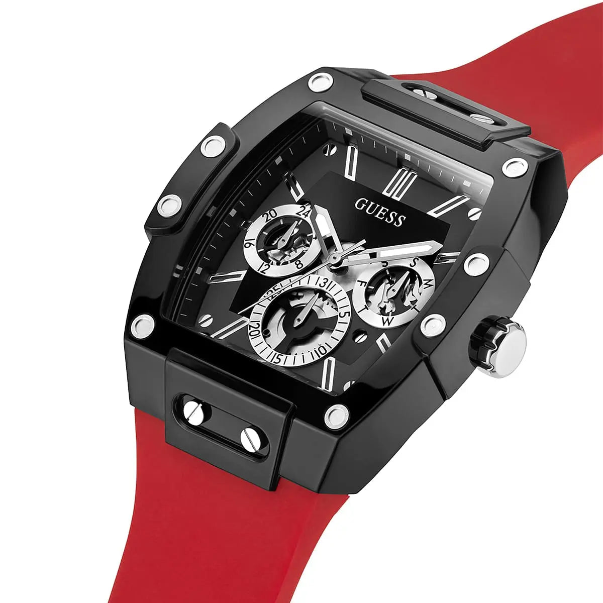 Left side perspective of the Guess GW0203G4 highlighting the vibrant red rubber strap