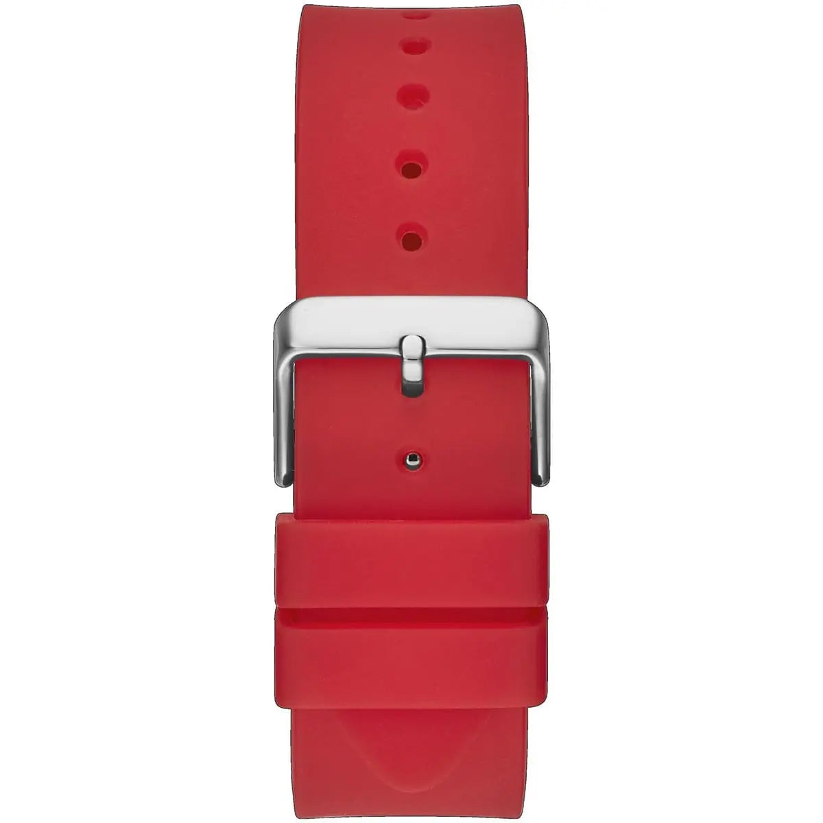 Black pin buckle on the red rubber strap of the Guess GW0203G4
