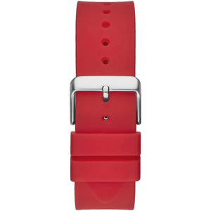 Black pin buckle on the red rubber strap of the Guess GW0203G4