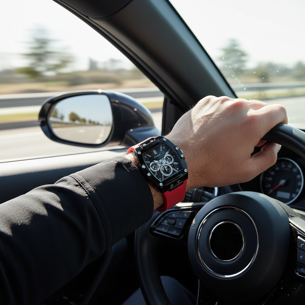 Male model wearing Guess GW0203G4 black and red rubber watch with a sporty outfit