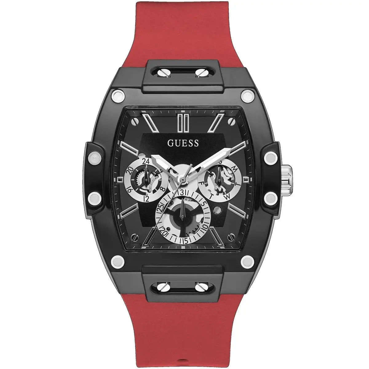 Guess Phoenix GW0203G4 men's watch with black barrel case and red rubber strap