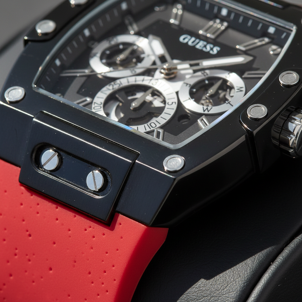 Close up shot of Guess GW0203G4 on wrist highlighting the black skeleton dial and silver hands