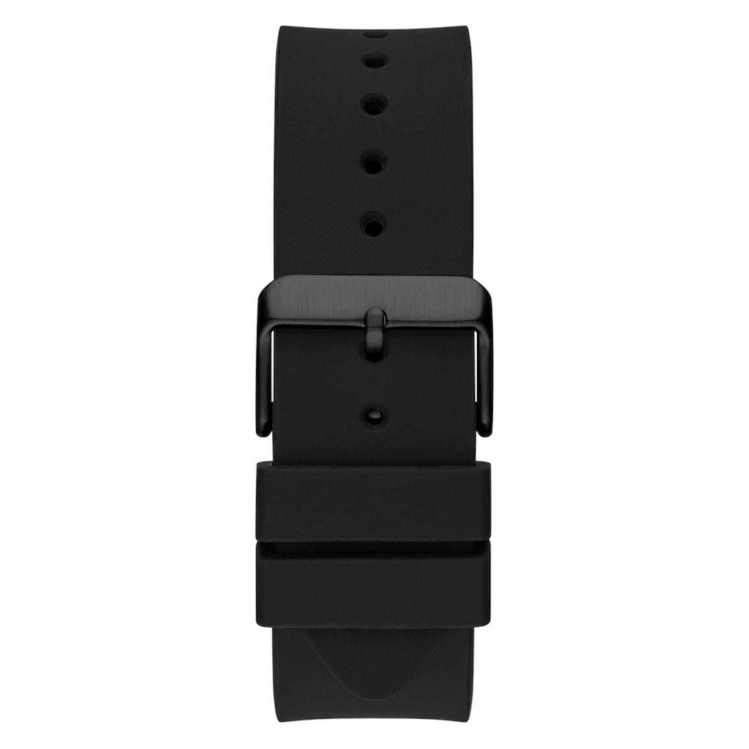 Black pin buckle on the black rubber strap of the Guess GW0203G8