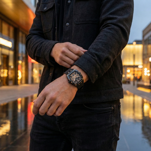 Male model wearing Guess GW0203G8 black and rose gold rubber watch with a stylish outfit