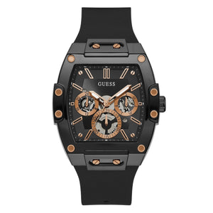 Guess Phoenix GW0203G8 men's watch with black rubber barrel case and rose gold skeleton dial