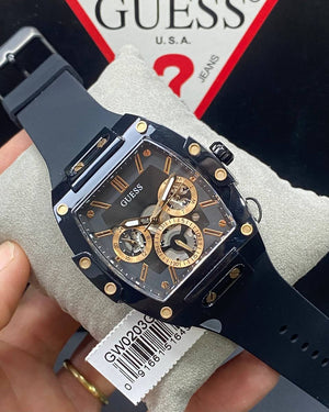 Authentic real-life photo of the Guess GW0203G8 showing actual black rubber finish and rose gold accents in Egypt