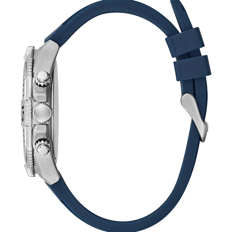 Detailed side view of the silver crown and pushers on the Guess GW0211G1 case