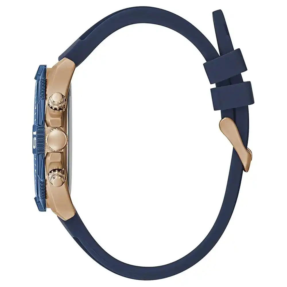 Angled view of Guess GW0211G4 showing the blue sport bezel and rose gold case thickness