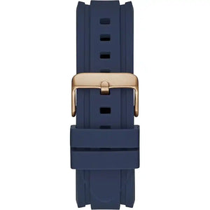 Rose gold pin buckle on the blue rubber strap of the Guess GW0211G4