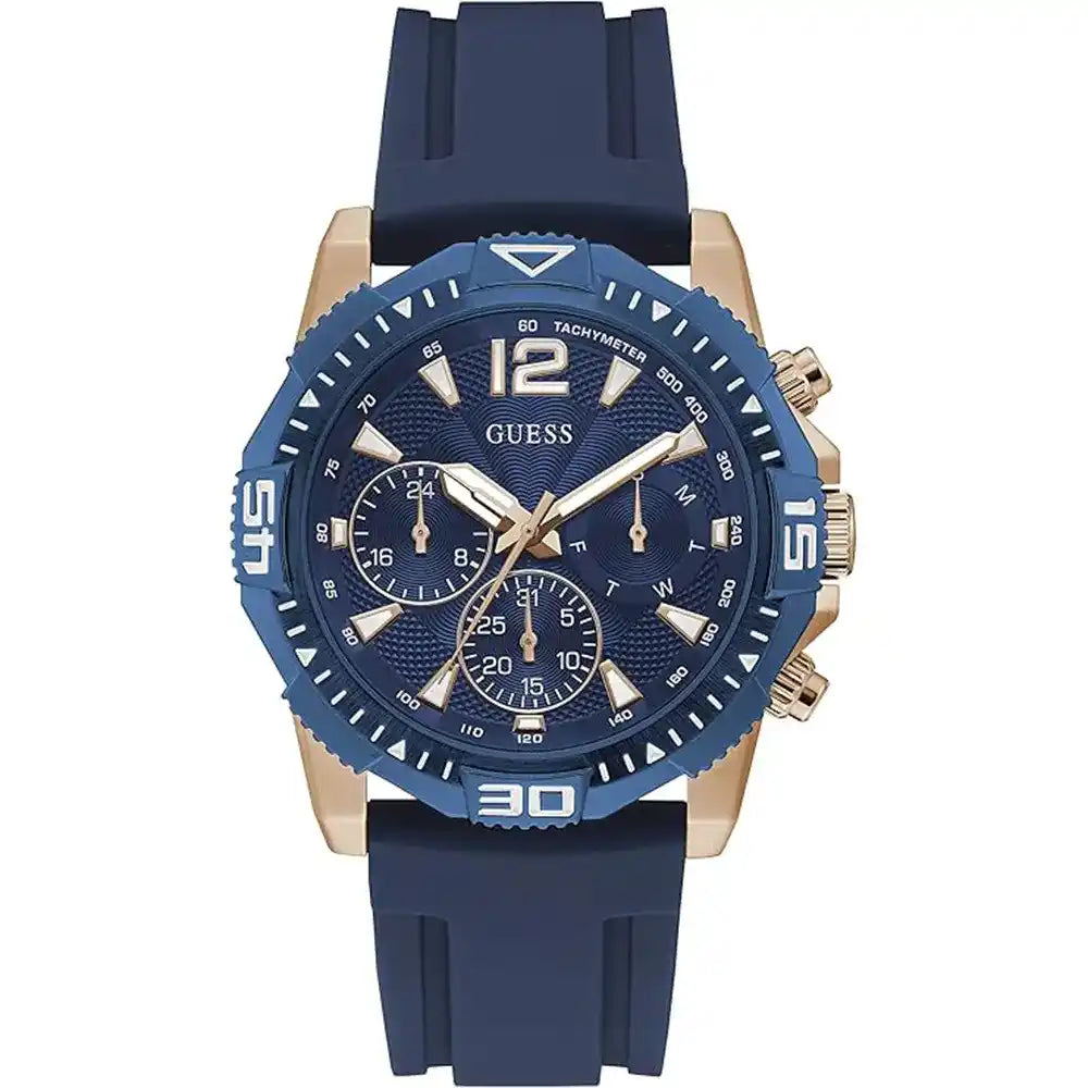 Guess Commander GW0211G4 men's watch with rose gold case and blue rubber strap