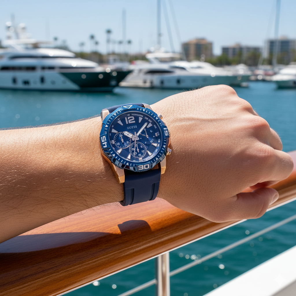 Male model wearing Guess GW0211G4 rose gold and blue rubber watch with a smart casual outfit