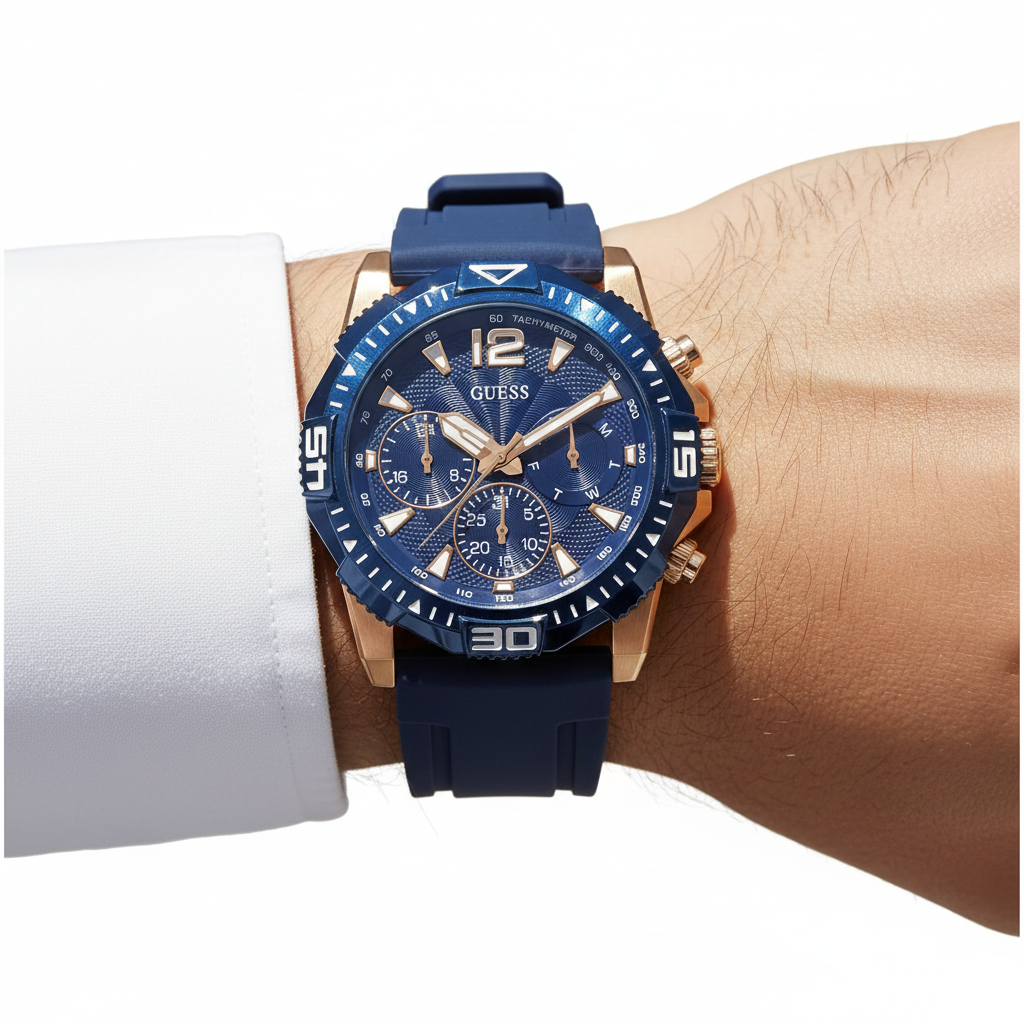 Close up shot of Guess GW0211G4 on wrist highlighting the blue textured dial and rose gold hands