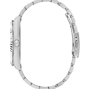 Angled view of Guess GW0265G1 showing the polished silver fluted bezel and case thickness
