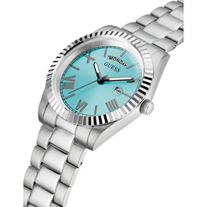 Left side perspective of the Guess GW0265G11 highlighting the silver stainless steel link bracelet