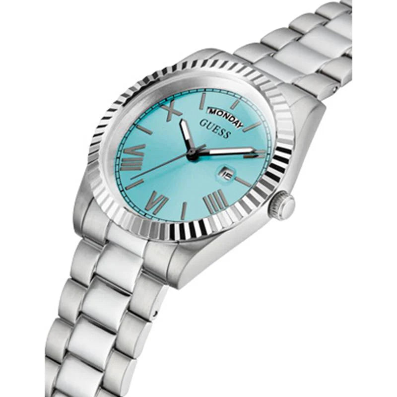 Left side perspective of the Guess GW0265G11 highlighting the silver stainless steel link bracelet