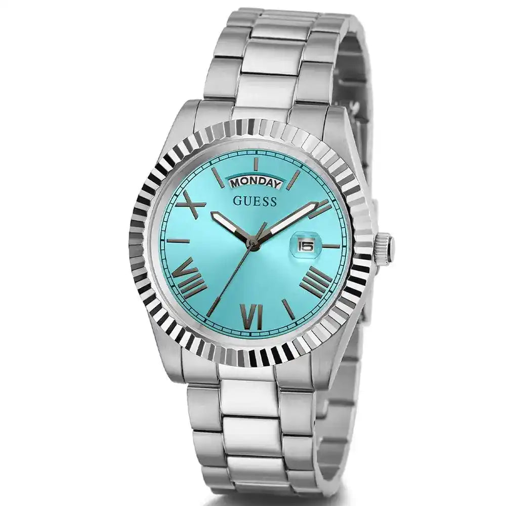 Angled view of Guess GW0265G11 showing the polished silver fluted bezel and case thickness