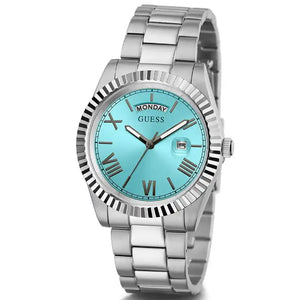 Angled view of Guess GW0265G11 showing the polished silver fluted bezel and case thickness