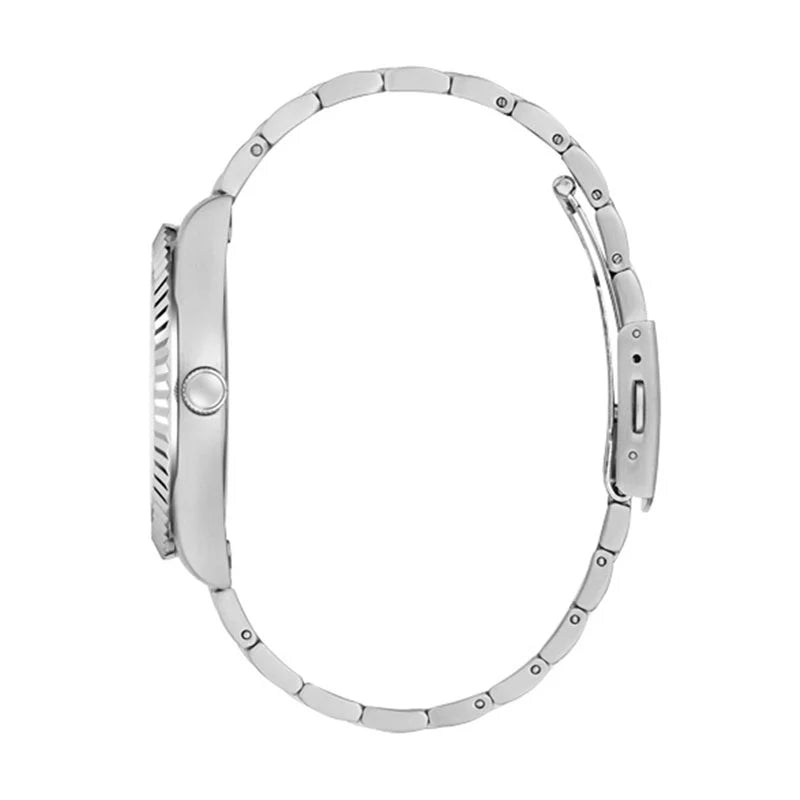 Side profile view of the 10mm silver case of the Guess GW0265G11