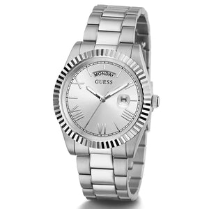 Angled view of the Guess GW0265G6 highlighting the polished silver-tone case and fluted bezel