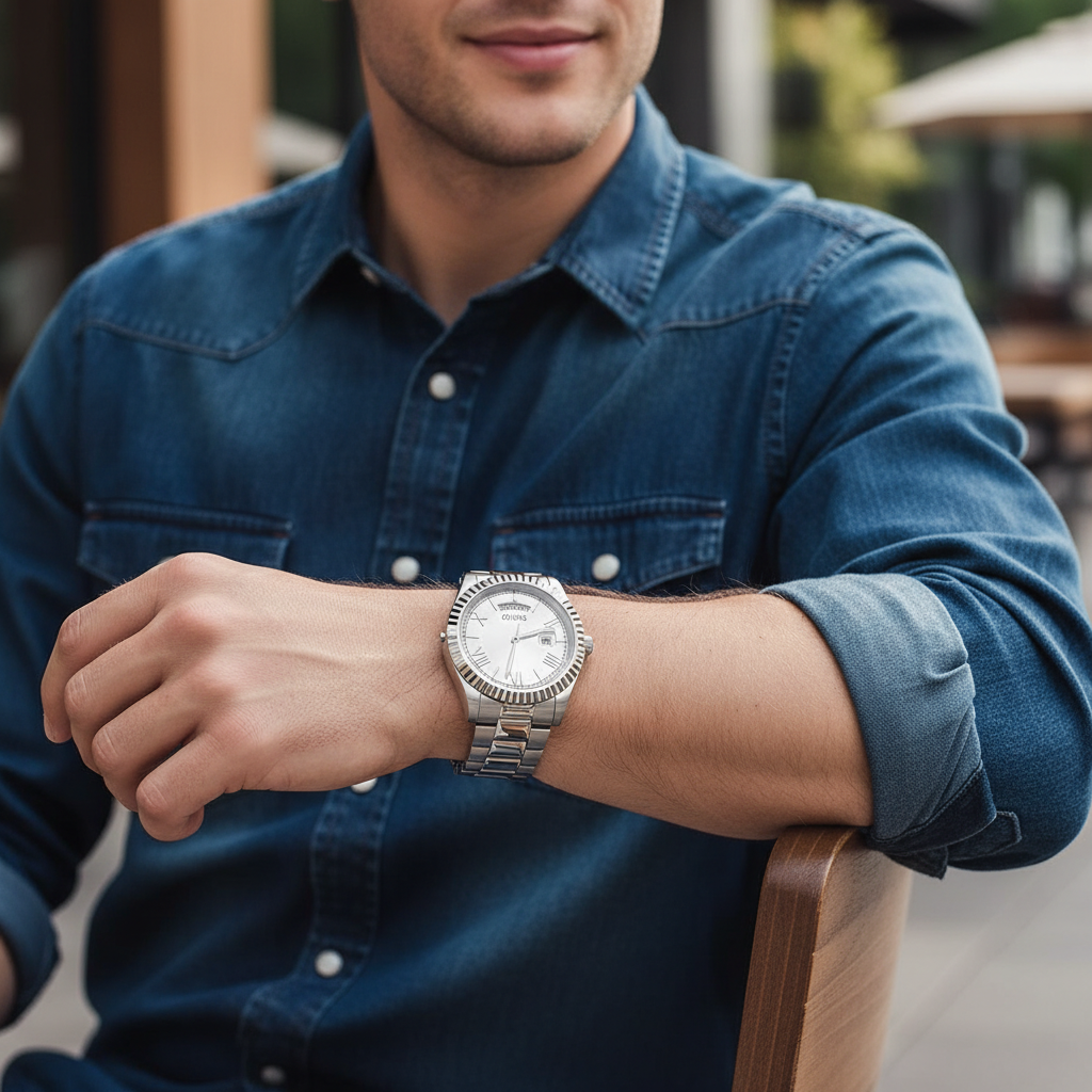 Male model wearing Guess GW0265G6 silver watch with a formal business suit