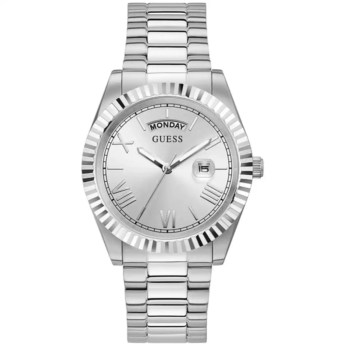 Guess GW0265G6 men's watch with silver stainless steel bracelet and silver day-date dial