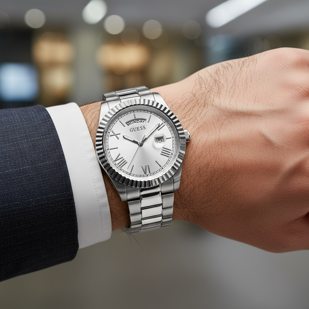 Close up shot of Guess GW0265G6 watch on wrist showing the silver sunray dial and fluted bezel