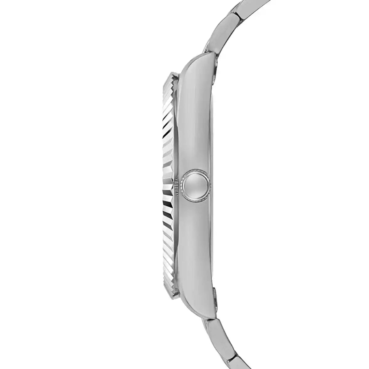 Left side perspective of the Guess GW0265G7 highlighting the silver stainless steel link bracelet
