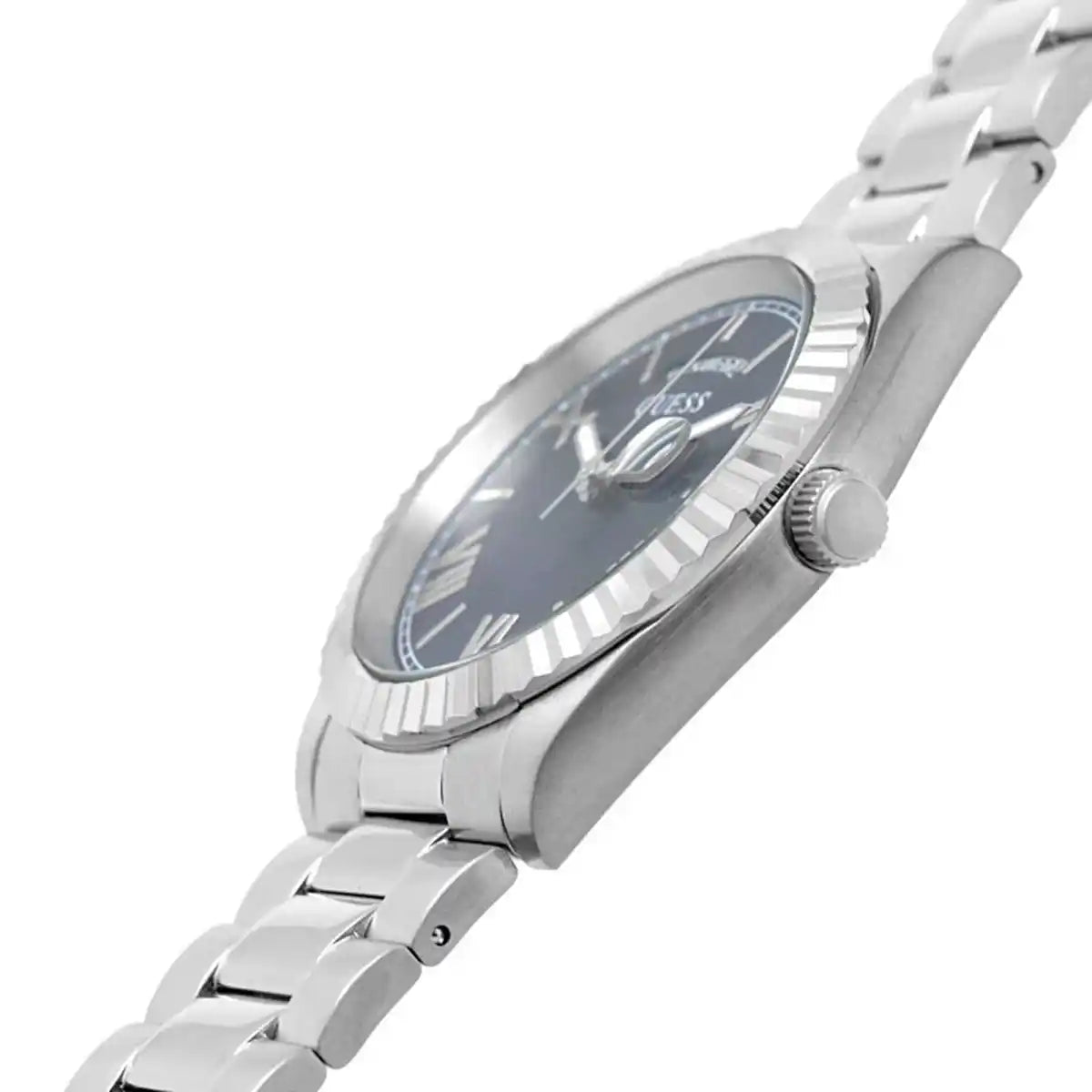 Angled view of Guess GW0265G7 showing the polished silver fluted bezel and case thickness