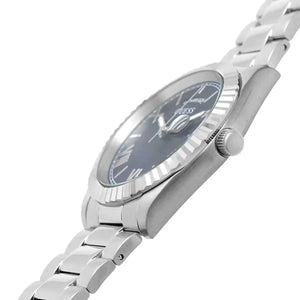 Angled view of Guess GW0265G7 showing the polished silver fluted bezel and case thickness