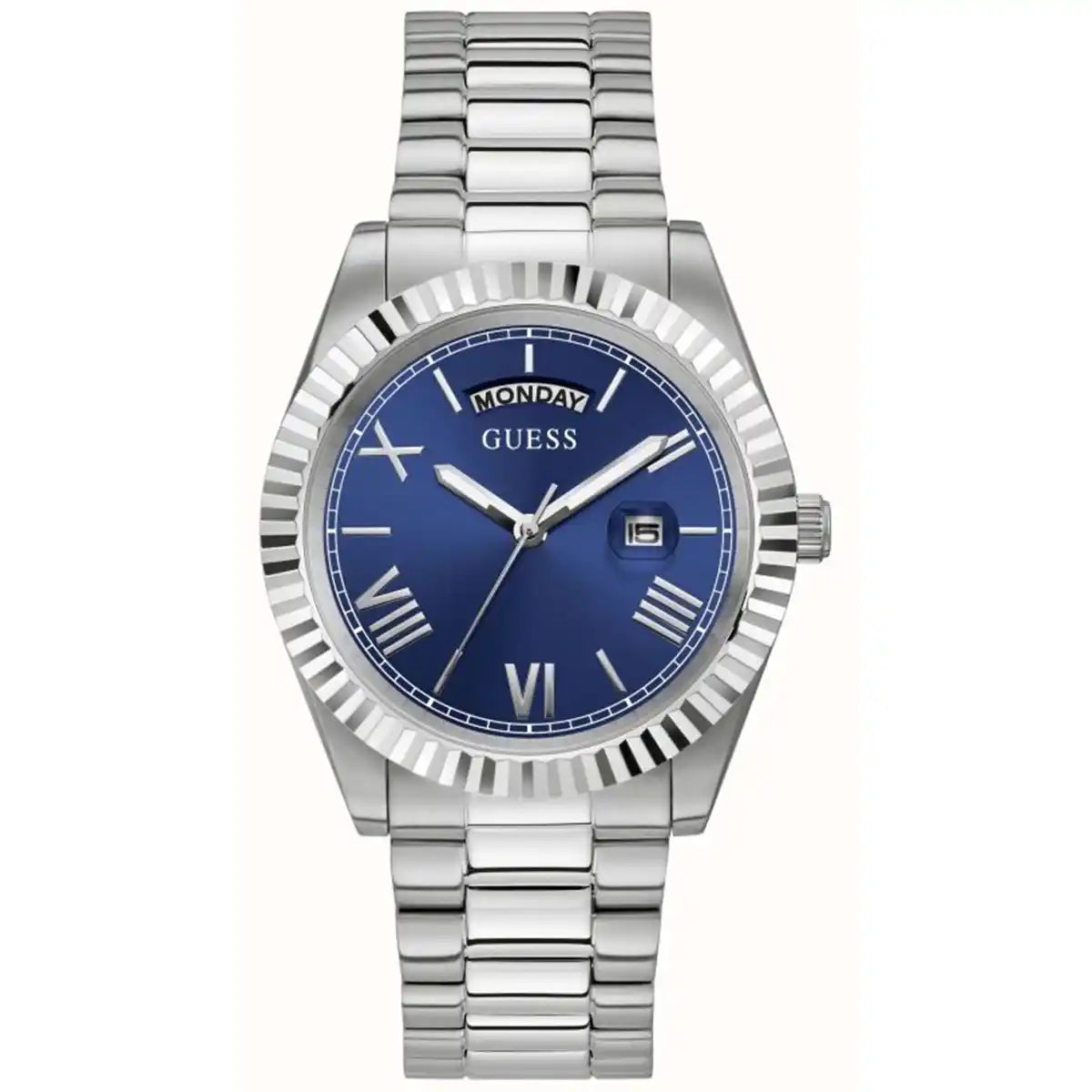 Guess Connoisseur GW0265G7 men's watch with silver fluted bezel and blue sunray dial
