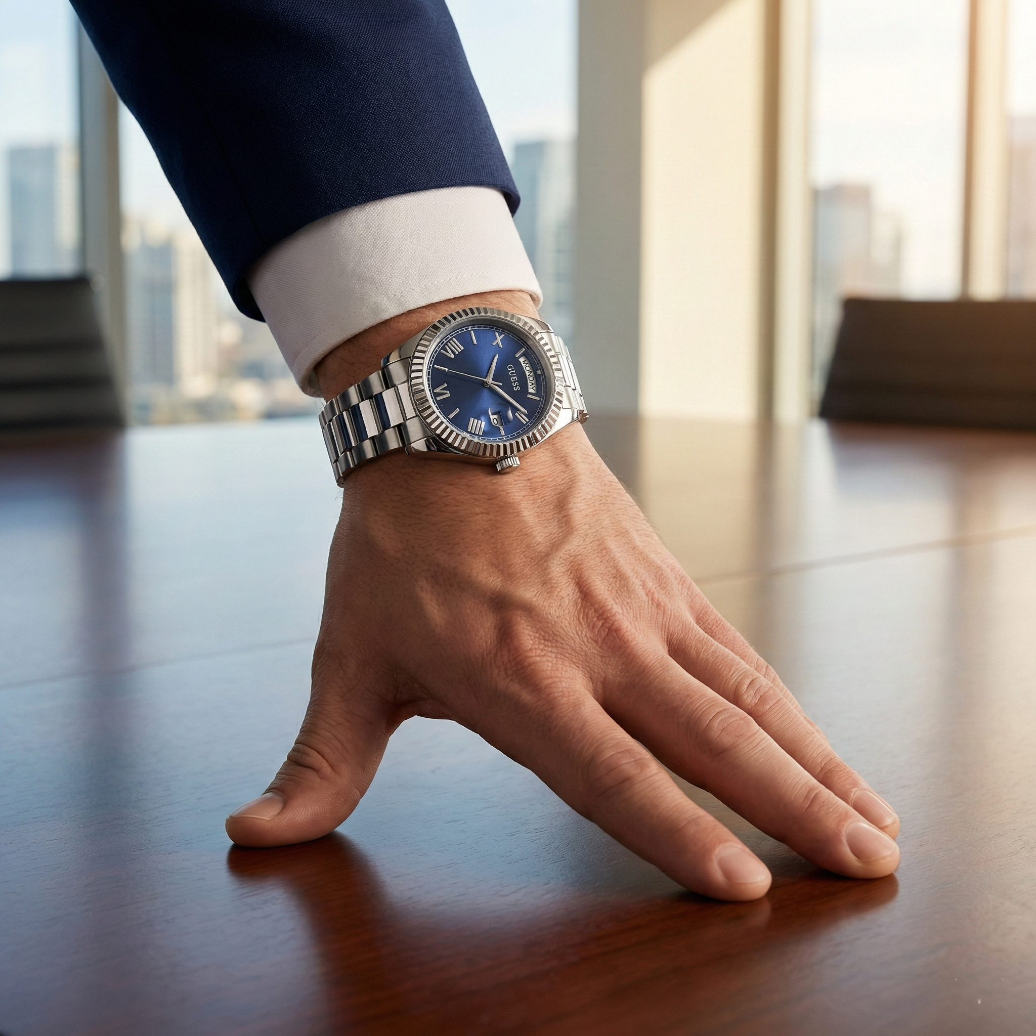 Male model wearing Guess GW0265G7 silver and blue watch with a smart casual outfit