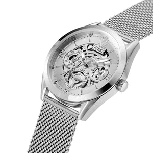 Left side perspective of the Guess GW0368G1 highlighting the flexible stainless steel mesh strap