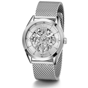 Angled view of Guess GW0368G1 showing the polished silver case and mesh bracelet connection