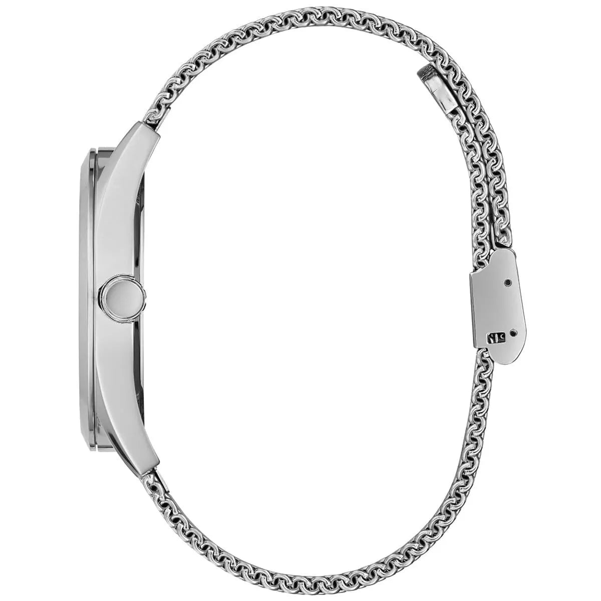 Side profile view of the 10.5mm silver case of the Guess GW0368G1