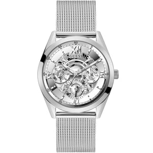Guess Tailor GW0368G1 men's watch with silver case and skeleton dial on mesh strap