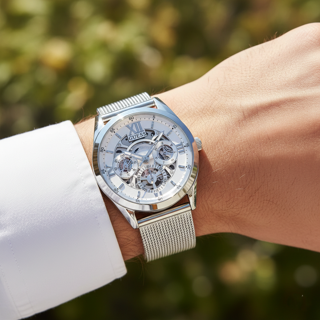 Close up shot of Guess GW0368G1 on wrist highlighting the skeleton dial and roman numeral XII