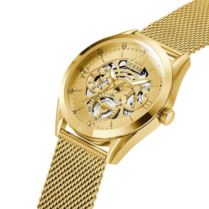 Angled view of Guess GW0368G2 showing the polished gold case and mesh bracelet connection