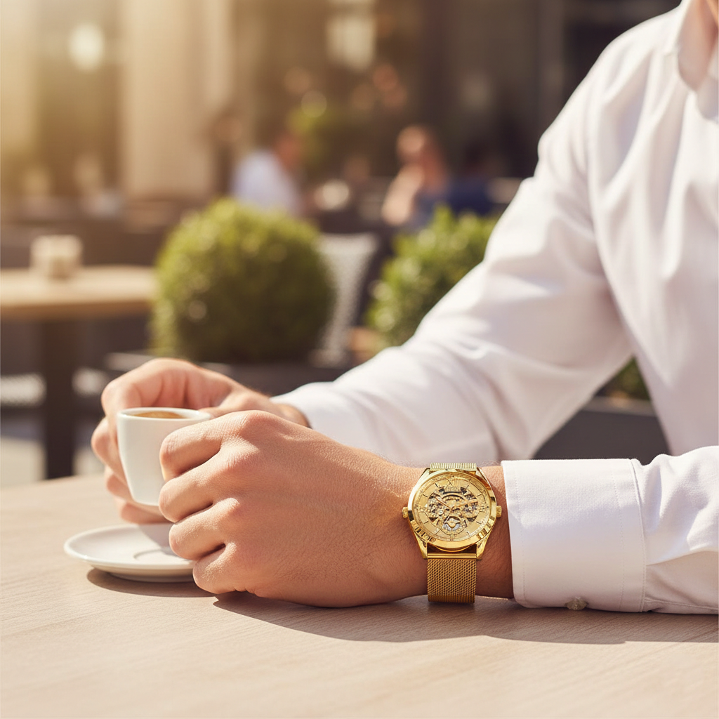 Male model wearing Guess GW0368G2 gold mesh watch with a formal suit