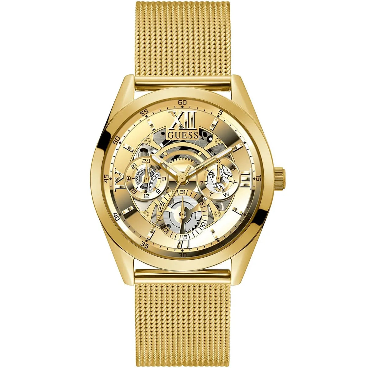 Guess Tailor GW0368G2 men's watch with gold case and skeleton dial on mesh strap