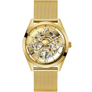 Guess Tailor GW0368G2 men's watch with gold case and skeleton dial on mesh strap