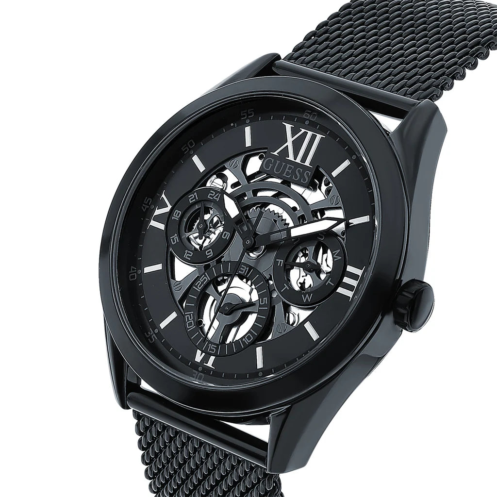 Angled profile of Guess GW0368G3 showing the matte black industrial bezel