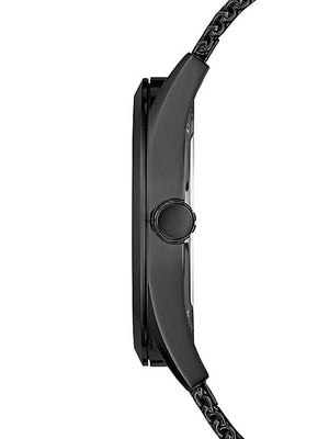 Side view of Guess GW0368G3 highlighting the black crown and mesh strap connection