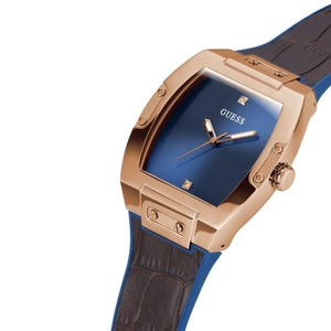 Angled view of the Guess GW0386G2 showing the barrel shape and bezel screws