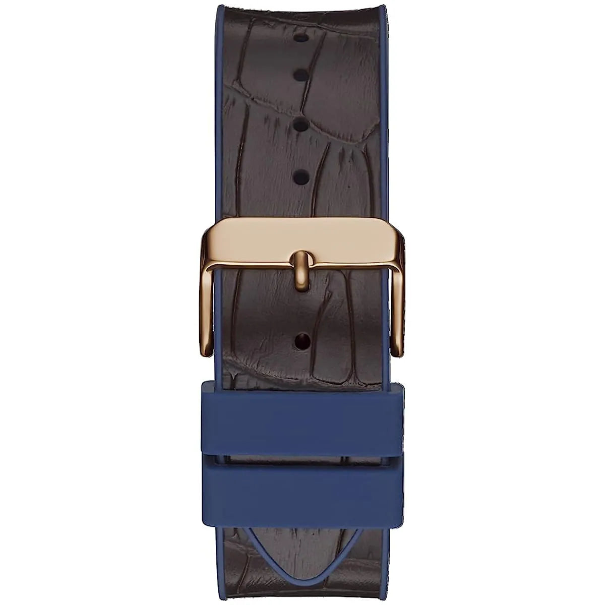 Detail of the hybrid strap on Guess GW0386G2: brown leather texture with blue rubber base