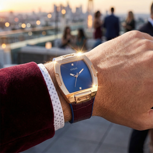 AI lifestyle shot of a man wearing Guess Phoenix GW0386G2 with a formal suit