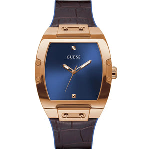 Guess Phoenix GW0386G2 men's watch with gold tonneau case and hybrid brown/blue strap