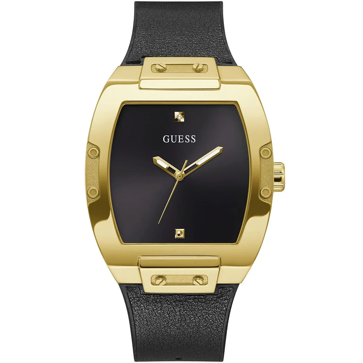 Guess Phoenix GW0386G3 men's watch with gold-tone barrel case and black leather strap
