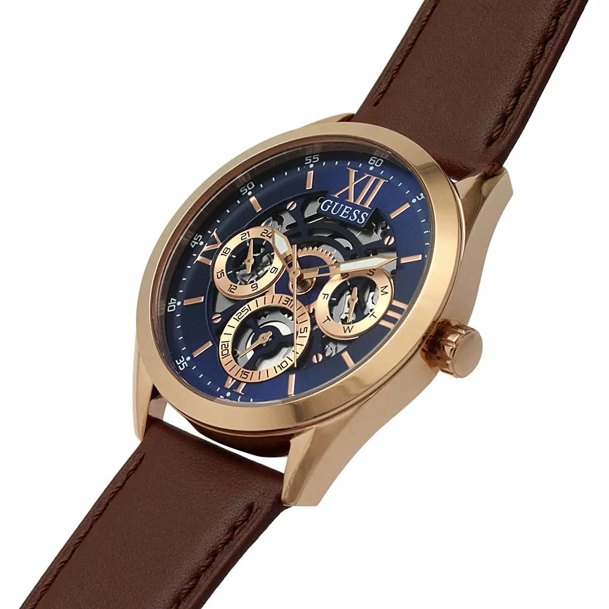 Left side perspective of the Guess GW0389G3 highlighting the genuine brown leather strap