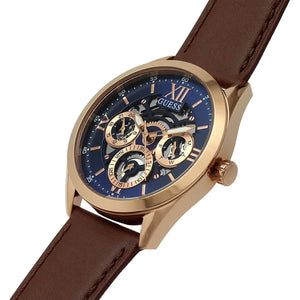 Left side perspective of the Guess GW0389G3 highlighting the genuine brown leather strap