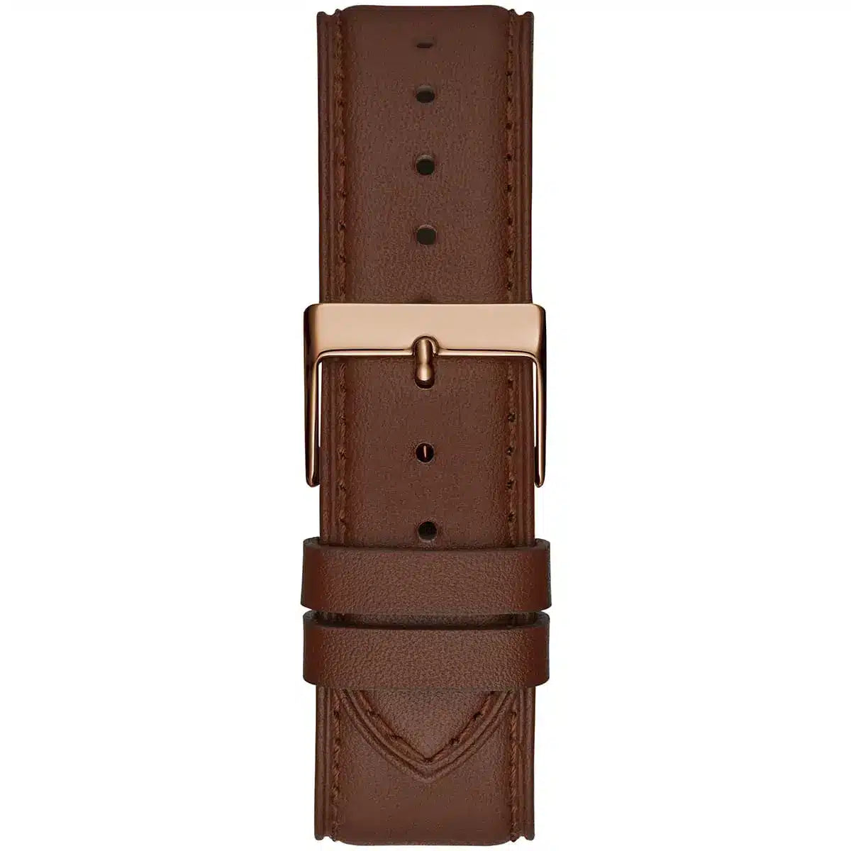Rose gold pin buckle on the brown leather strap of the Guess GW0389G3